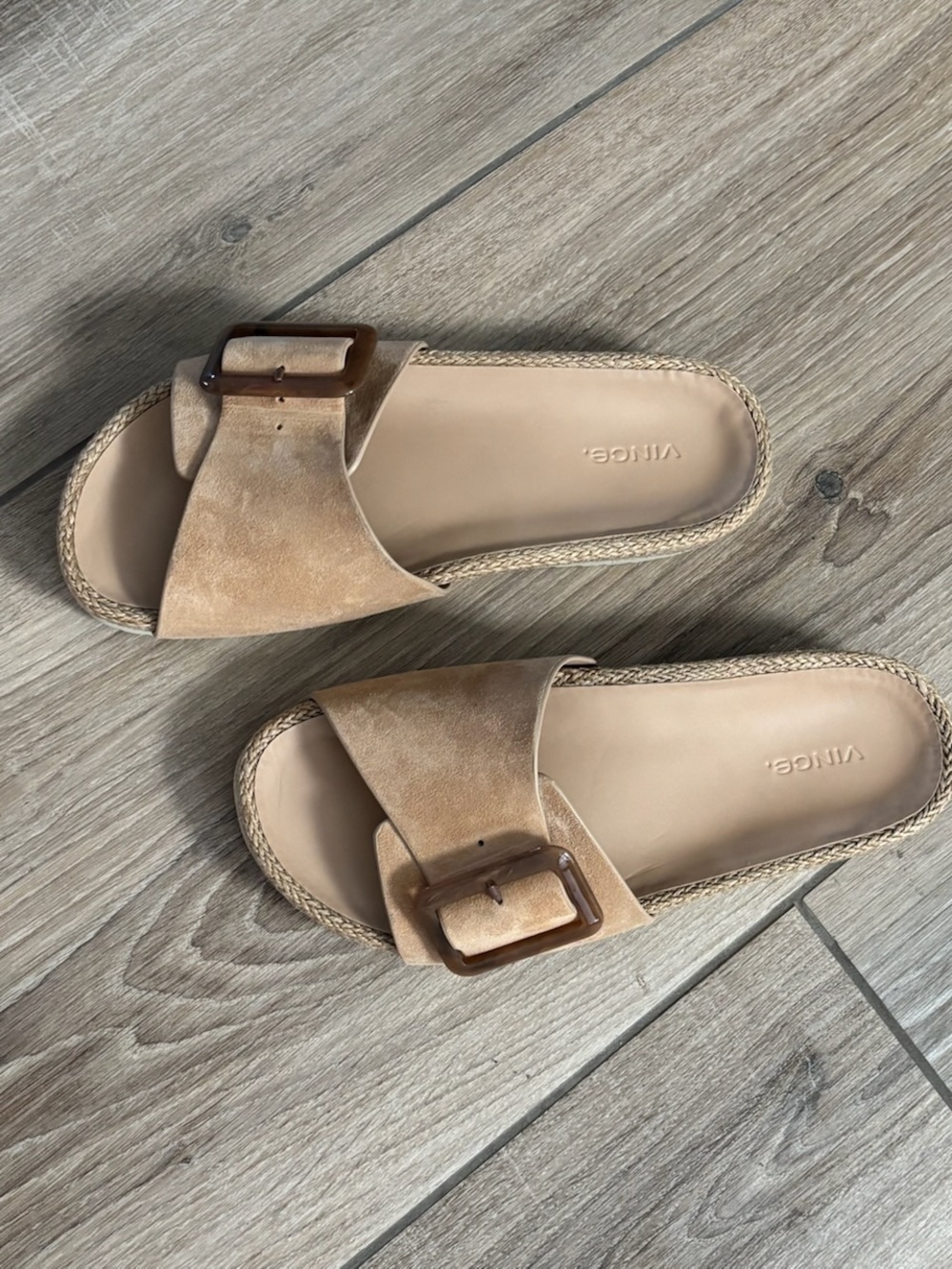 Vince Tan Suede Slide Sandals with Buckle Accent